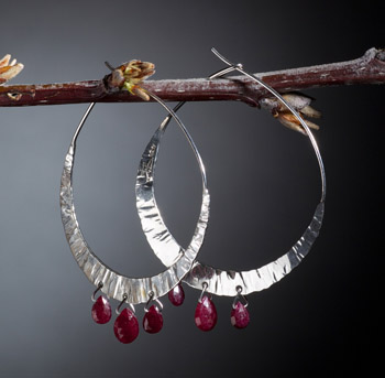 Hammered Silver Hoop Earrings with Rubies